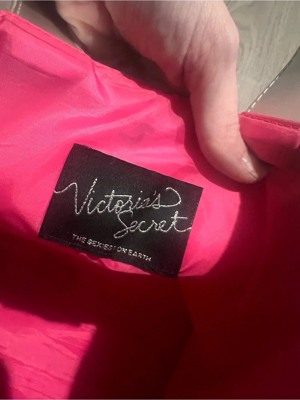 Victoria's Secret Silver Tote with Pink Interior and Photo Print